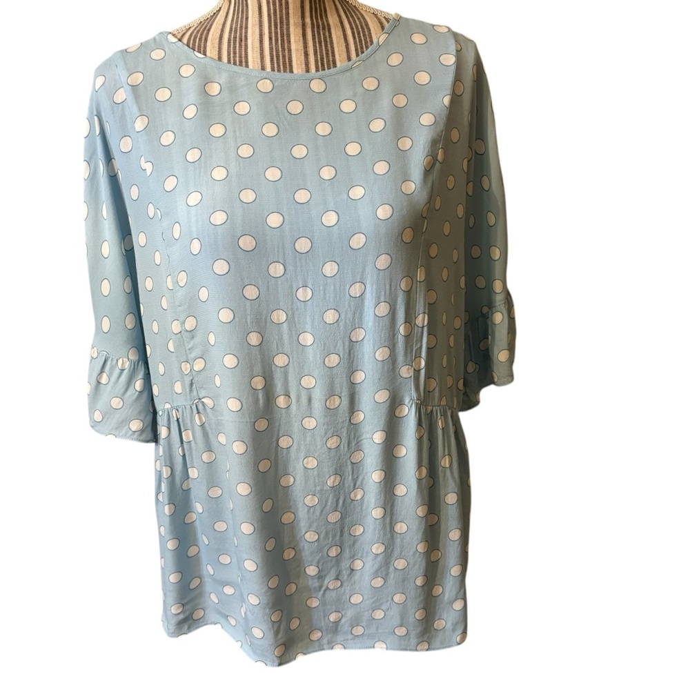 Boden Blouse Sz 12 Caroline Lt Blue White Polka Dot Peplum Viscose Cottagecore - Picture 2 of 16